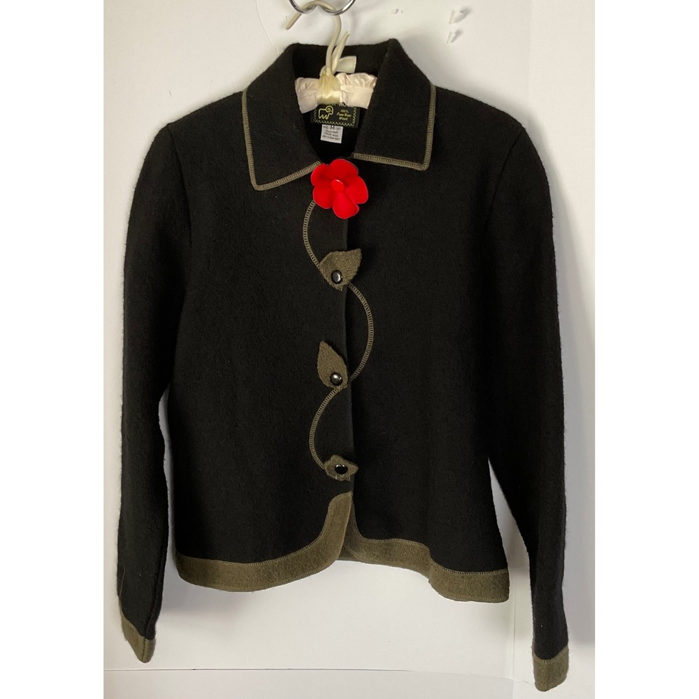 South Wool Womens M Black Boiled Virgin Wool Jacket Red Poppy Flower vintage